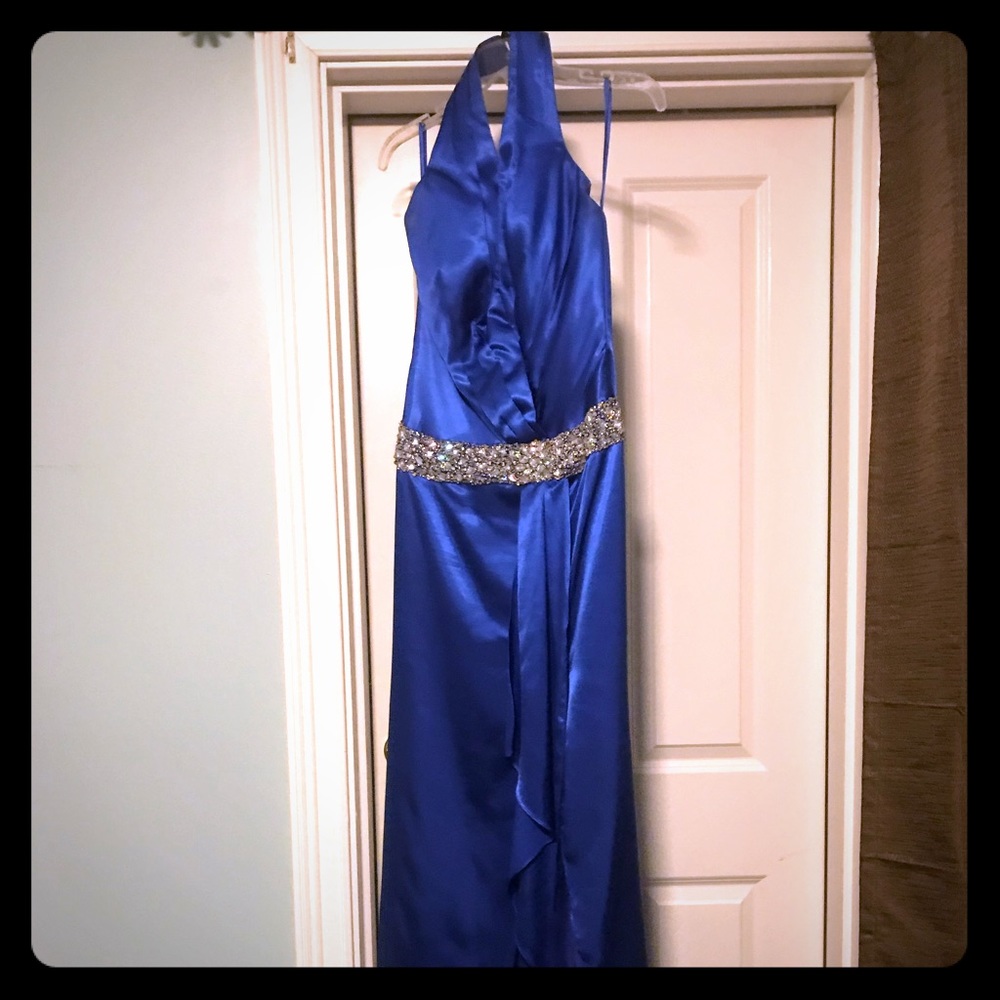 Royal blue gown with beaded waist and slit
